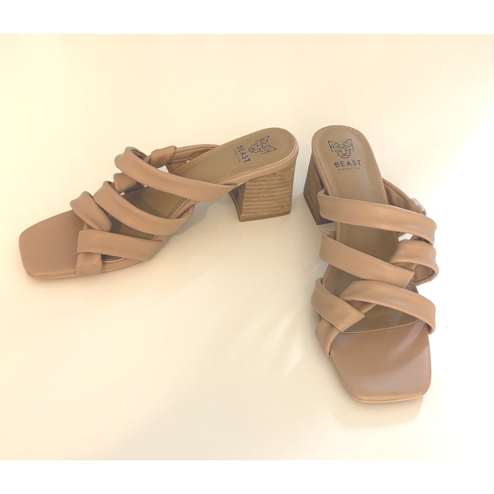 Beast Fashion Strappy Slide Sandals Womens 11 Tan Square Toe Block Heel